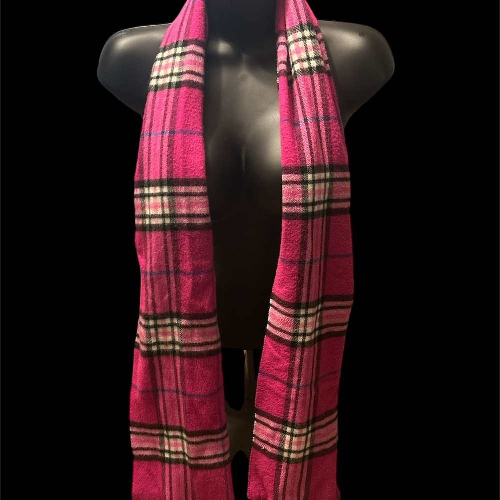 V. FRAAS Pink and Black Plaid Scarf with Fringed Ends